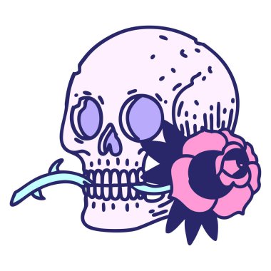 geleneksel kafatası şeklinde dövme ve parlak neon rengi gül.