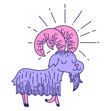 Geleneksel dövme stili parlak neon renkli neşeli keçi tasviri