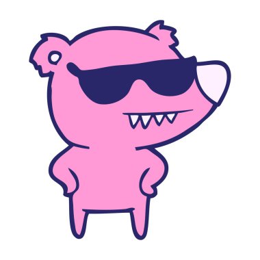 Güneş gözlüklü ayı çizgi filmi, elleri parlak neon renkli kalçalarda.