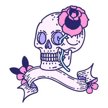 Kafatası sancağıyla geleneksel dövme ve parlak neon rengi gül.