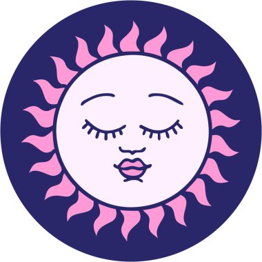 Yüzü parlak neon renkli bir güneşin ikonik dövme görüntüsü