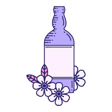 Rom şişesi ve parlak neon renkli çiçeklerin ikonik dövme görüntüsü