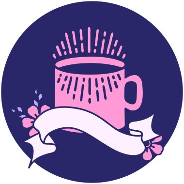 Parlak neon renkli bir fincan kahve sancağıyla dövme stili simgesi