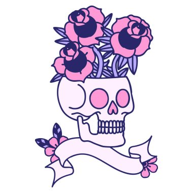 Kafatası sancağıyla geleneksel dövme ve parlak neon renkli güller