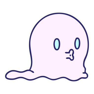 Parlak neon rengi içinde süzülen ürkütücü bir hayaletin karikatürü.