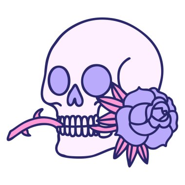 Bir kafatasının ikonik dövme şekli ve parlak neon rengi gül