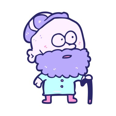 Elinde baston ve parlak neon renkli düz şapkalı yaşlı çizgi film adamı.