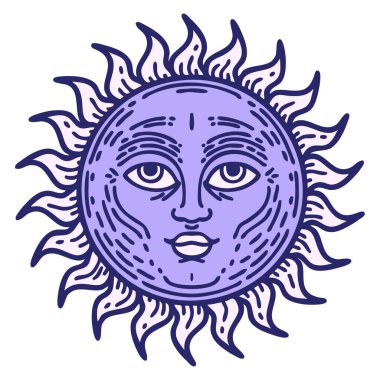 Yüzü parlak neon renkli geleneksel bir güneş dövmesi.