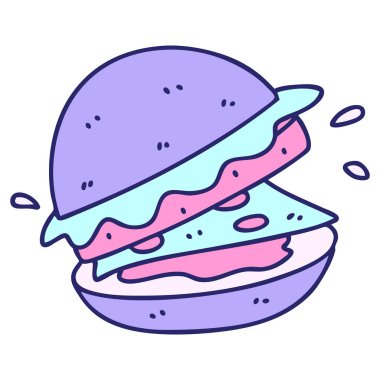 Lezzetli bir burgerin parlak neon renkli çizgi filmi.