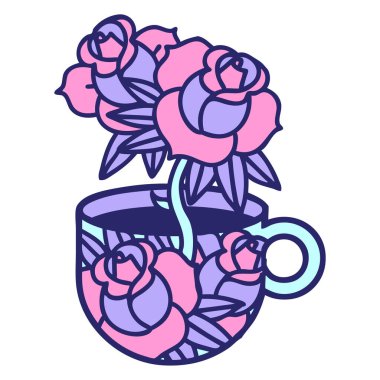 geleneksel bir kupa şeklinde dövme ve parlak neon renkli çiçekler.