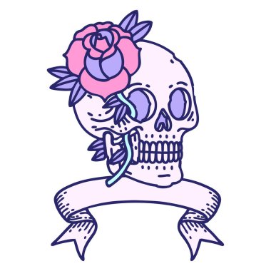 Kafatası sancağıyla geleneksel dövme ve parlak neon rengi gül.