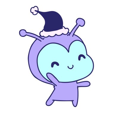 Kawaii uzaylısının parlak neon renkli el çizimi Noel karikatürü.