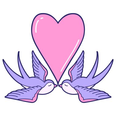 Kırlangıçların ikonik dövme şekli ve parlak neon renkli bir kalp.