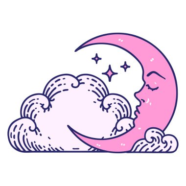 Hilal şeklinde ikonik dövme şekli ve parlak neon renkli bulutlar.