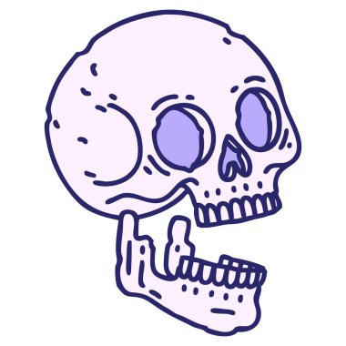 Parlak neon renginde geleneksel bir kafatası dövmesi