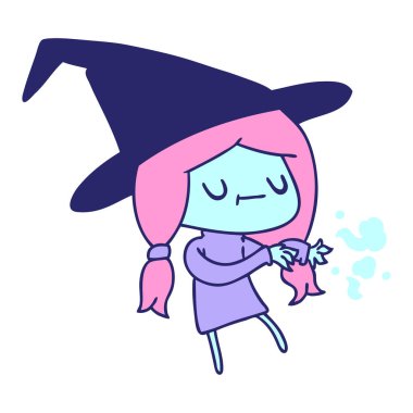Parlak neon renkli şirin kawaii cadısının serbest çizim karikatürü