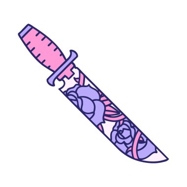 Bir hançerin ve parlak neon renkli çiçeklerin ikonik dövme görüntüsü