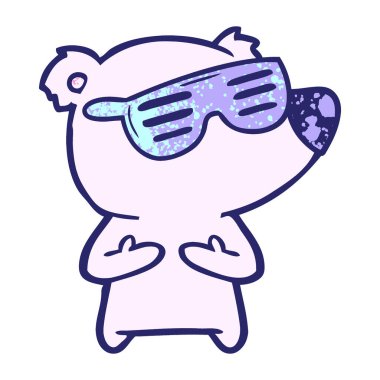 parlak neon renkli güneş gözlüğü takan çizgi film ayısı