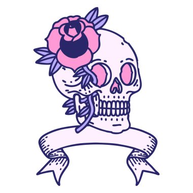 Kafatası sancağıyla geleneksel dövme ve parlak neon rengi gül.