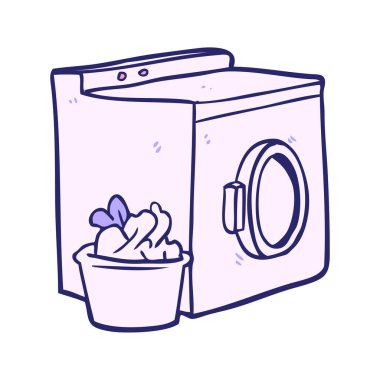 çizgi film çamaşır makinesi ve parlak neon renkli çamaşırlar.