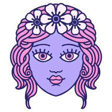 İkonik dövme stili. Kadın yüzü. Parlak neon renkli taçla.