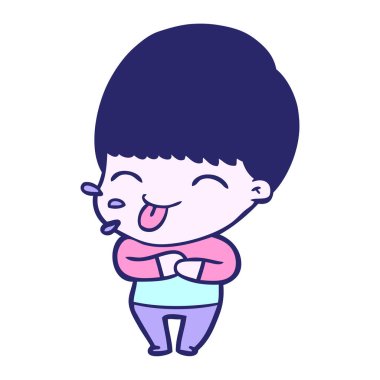 Çizgi filmci çocuk parlak neon renkli bir dille dilini dışarı çıkarıyor.