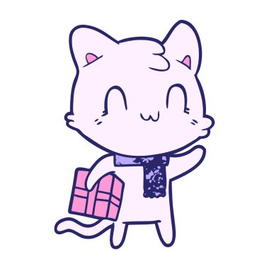 çizgi film mutlu kedi parlak neon renkli eşarp giyiyor