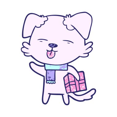 Parlak neon renkli Xmas hediyeli çizgi film köpeği.