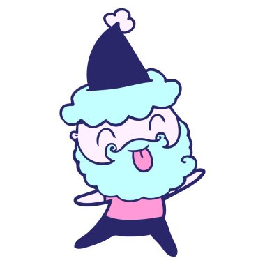 Dilini çıkaran, parlak neon rengi Noel Baba şapkası takan sakallı bir adam.