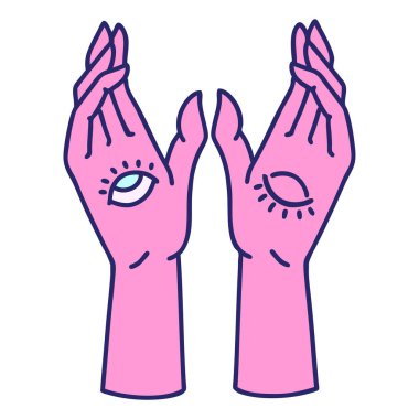 Parlak neon renginde geleneksel mistik eller dövmesi