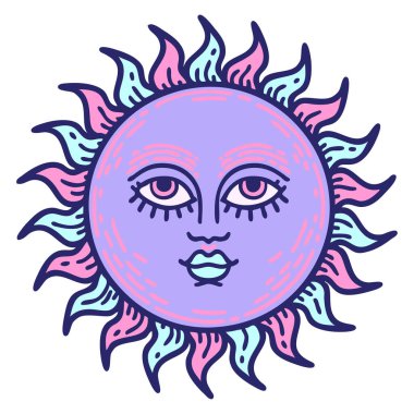 Yüzü parlak neon renkli bir güneşin ikonik dövme görüntüsü