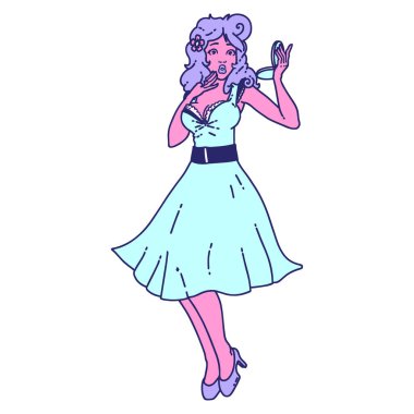 Geleneksel bir poster tarzı dövme. Parlak neon renkli kızı şaşırttı.