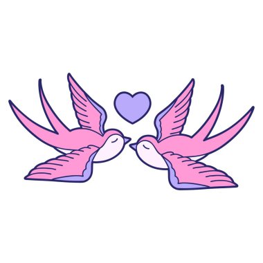 Kırlangıçların ikonik dövme şekli ve parlak neon renkli bir kalp.