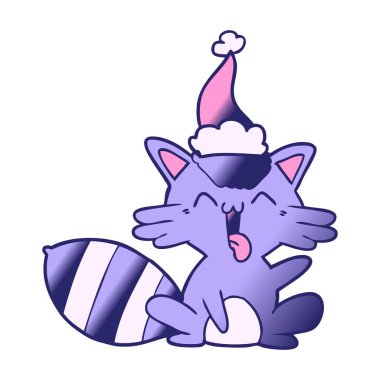 Güzel bir el çizimi, parlak neon renkli Noel Baba şapkası giyen bir rakunun çizgi filmi.