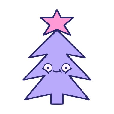 Parlak neon renkli şirin bir Noel ağacı karikatürü.