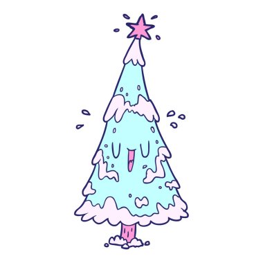 parlak neon renkli mutlu yüzlü karlı noel ağacı