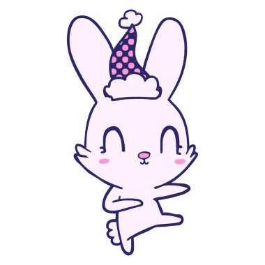 Sevimli el çizimi çizgi roman tarzı resimde Noel Baba şapkası giymiş parlak neon renkli bir tavşan dans ediyor.