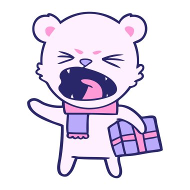 Kızgın karikatür kutup ayısı parlak neon renginde noel hediyesiyle