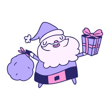 Kawaii Noel Baba 'nın parlak neon renkli el çizimi karikatürü.