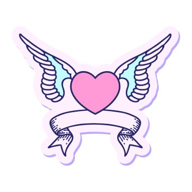 Parlak neon renkli kanatlı bir kalbin bayrağını taşıyan dövme stili etiketi