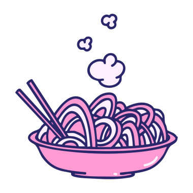 Buharlı udon şehriyeleri parlak neon renkli kâsede servis edilir.