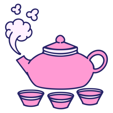 Japon çaydanlığı ve parlak neon renkli fincanlar.