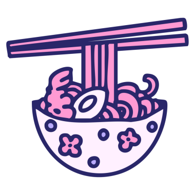 Japon yemekleri parlak neon renkli çubuklarla desenli kasede.