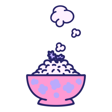 Parlak neon renkli desenli kase içinde buğulanmış pirinç.