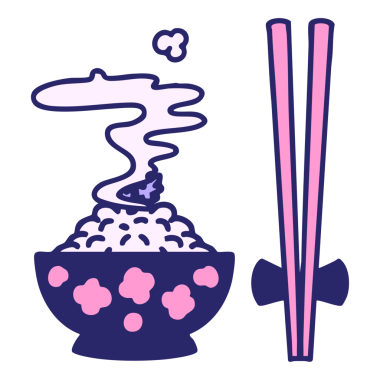 Parlak neon renkli desenli kase içinde buharlı pirinç.