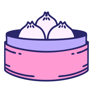 Dairesel buharlı Japon köfteleri. Parlak neon rengi.