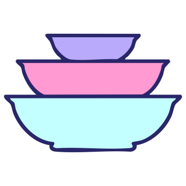 Parlak neon renkli seramik yemek kaseleri yığını