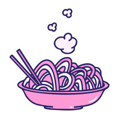 Buharlı udon şehriyeleri parlak neon renkli kâsede servis edilir.