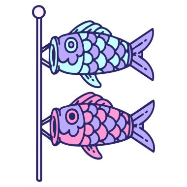 Japon koinobori sazanları parlak neon renkli bayrak sallıyor.