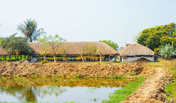 Typical rural Indian farming house made of hayloft near lake made with hay in the traditional indian way in rural Indian village landscape background